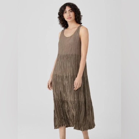 Eileen Fisher Crushed Silk Tiered Midi Dress Brown Size XL Sleeveless - Picture 3 of 14